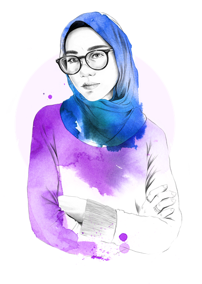 Jente med blå hijab og briller