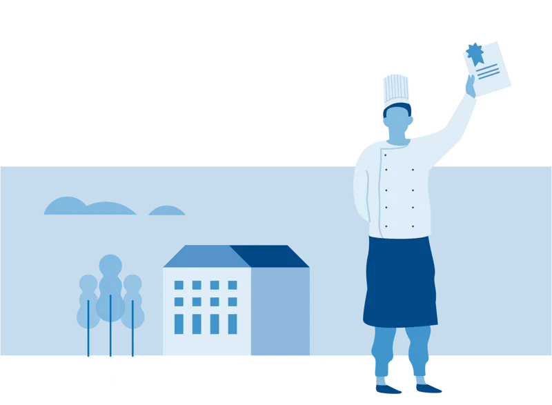 En mann i kokkehatt som holder et fagbrev i hånda.